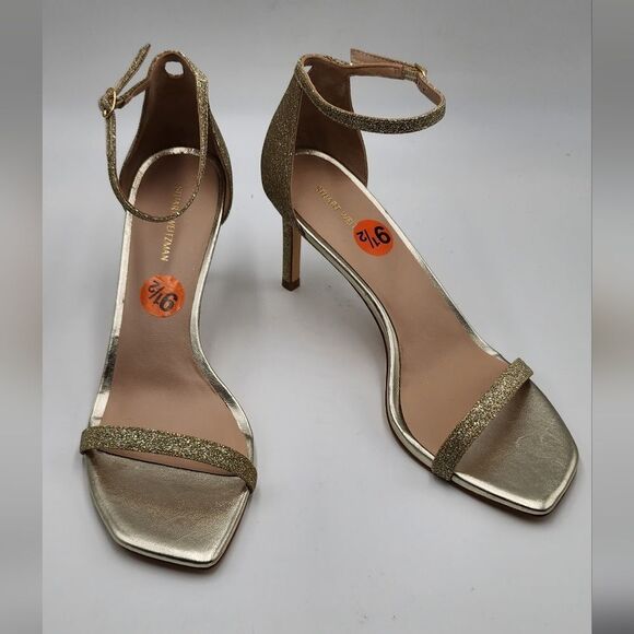 *NWOB Stuart Weitzman Nudistcurve Womens gold glitter ankle strap sandals 9.5M - Picture 1 of 8